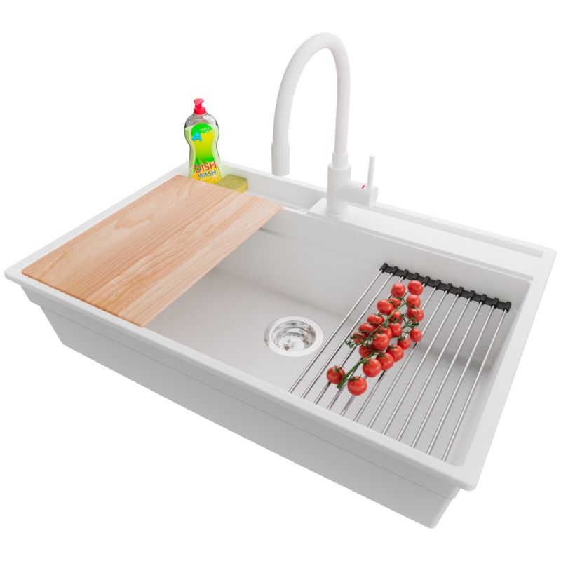 Zlewozmywak Granitowy Oslo Pocket PRIMAGRAN Nablatowy 78x53cm, Biały + Bateria + Syfon + Akcesorium, S410, 1 szt.