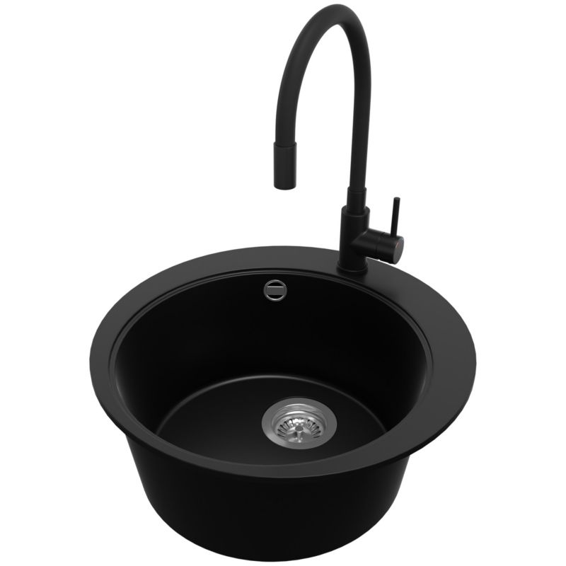 Zlewozmywak Granitowy Okrągły Piza PRIMAGRAN Nablatowy 50x50cm do szafki od 45cm z Syfonem i Baterią Czarny 1 szt.