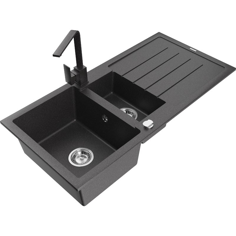Zlewozmywak granitowy 1.5-komorowy Mexen Andres z ociekaczem i baterią kuchenną Rita czarny/srebrny - 6515-73-670300-70-B 1 szt.