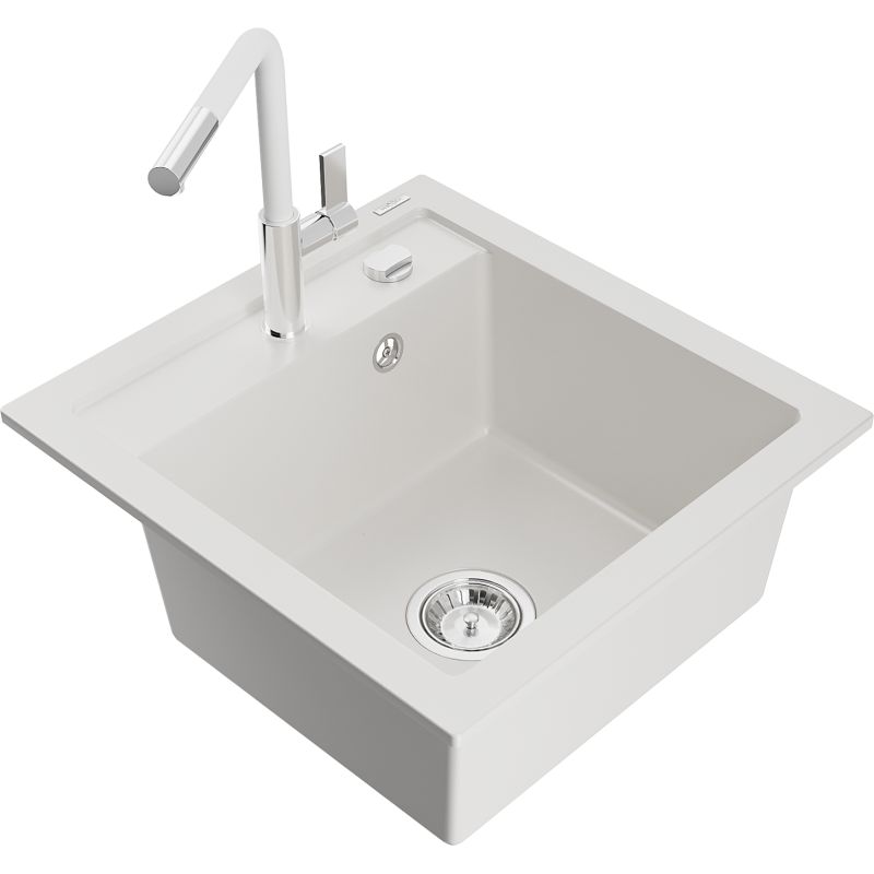 Zlewozmywak granitowy 1-komorowy Mexen Vito z baterią kuchenną Flora biały 6503-20-670401-02
