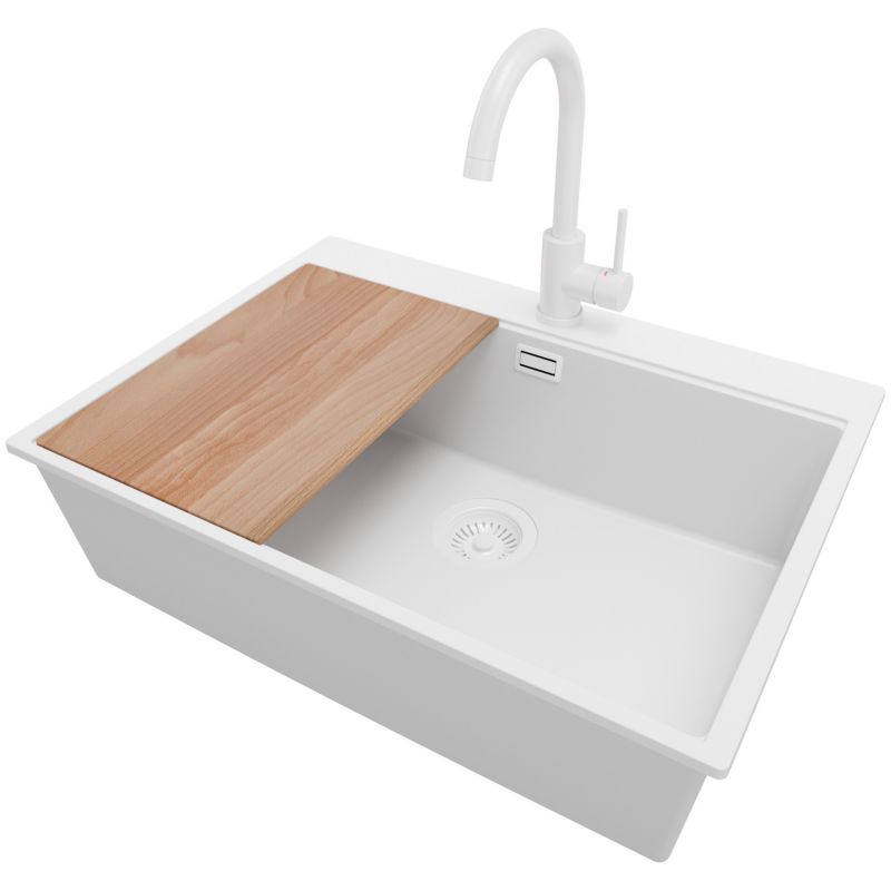 Zlewozmywak Granitowy Oslo PRIMAGRAN Nablatowy 68x50cm do szafki od 70cm, Cały Biały + Bateria + Syfon + Deska, S504, 1 szt.