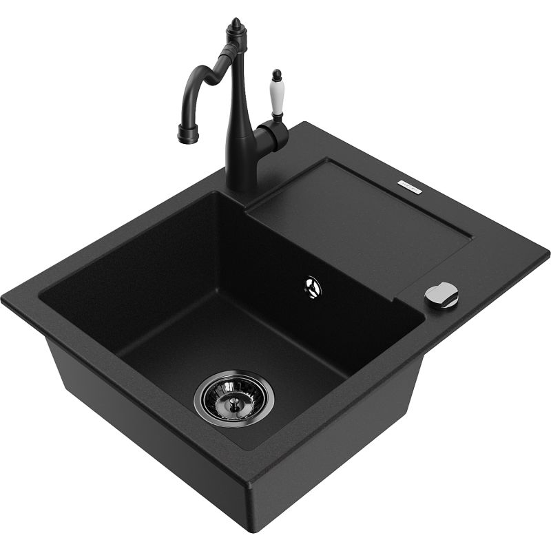 Zlewozmywak granitowy 1-komorowy Mexen Enzo z ociekaczem i baterią kuchenną Carla czarny - 6506-77-670700-50-B 1 szt.