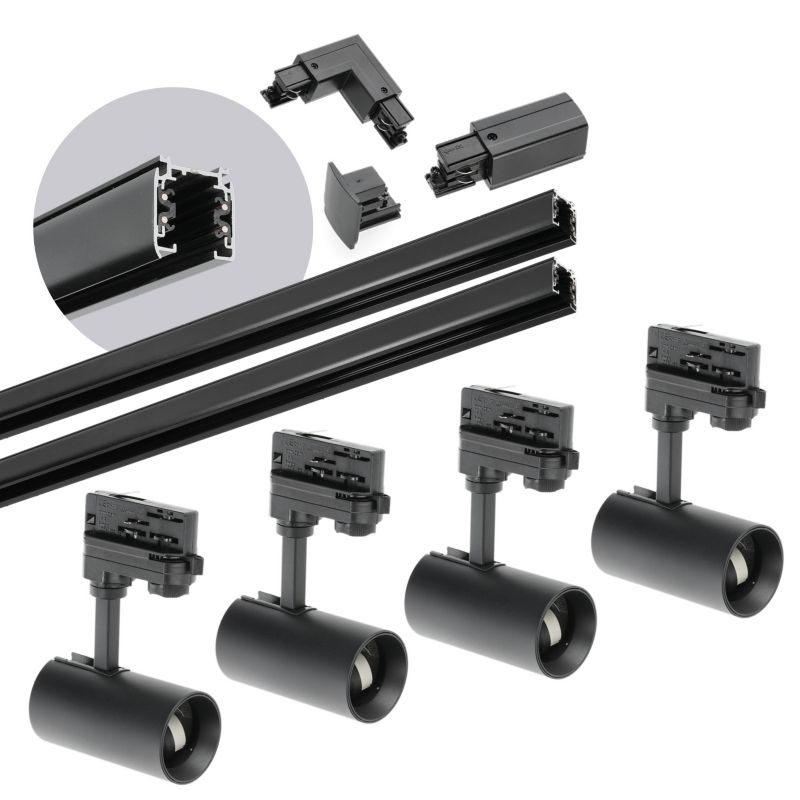 Oświetlenie szynowe 3-fazowe szyna 1m+1m, 4x Lampa, łącznik L czarny 1kpl.