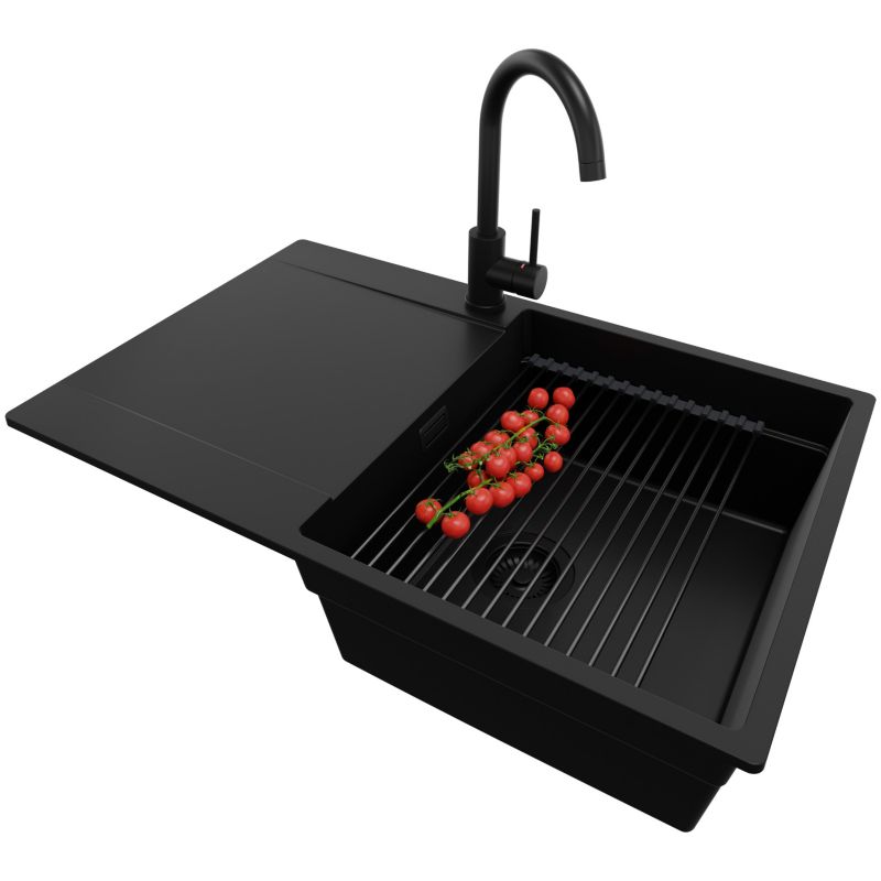 Zlewozmywak Granitowy San Francisco PRIMAGRAN Nablatowy 78x50cm, Cały Czarny + Bateria + Syfon + Akcesorium, S054, 1 szt.