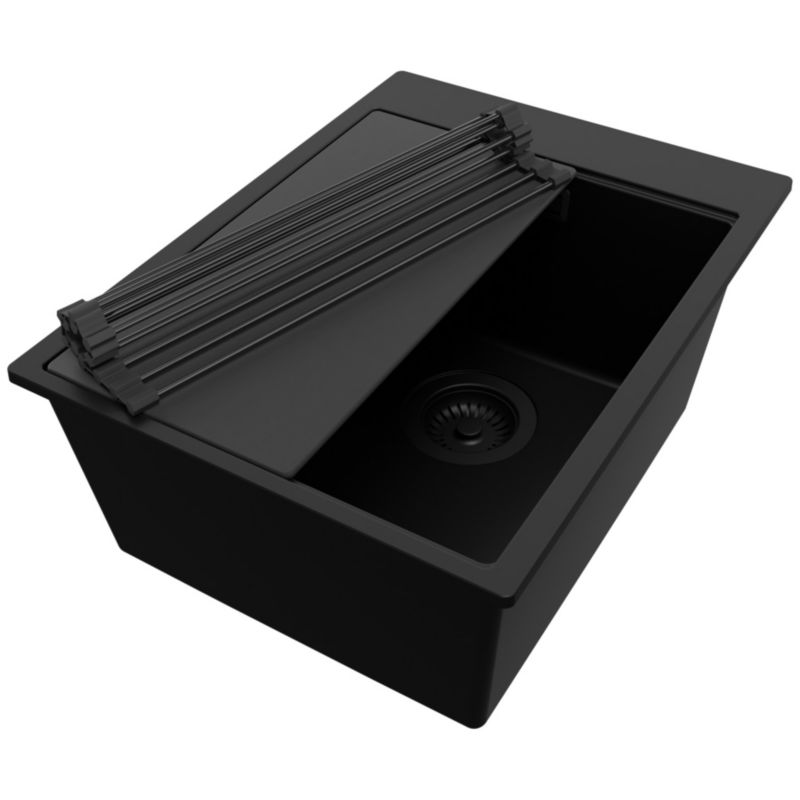 Zlewozmywak Oslo PRIMAGRAN Nablatowy 38x50cm do szafki od 40cm z Syfonem i Dodatkiem Cały Czarny 1 szt.