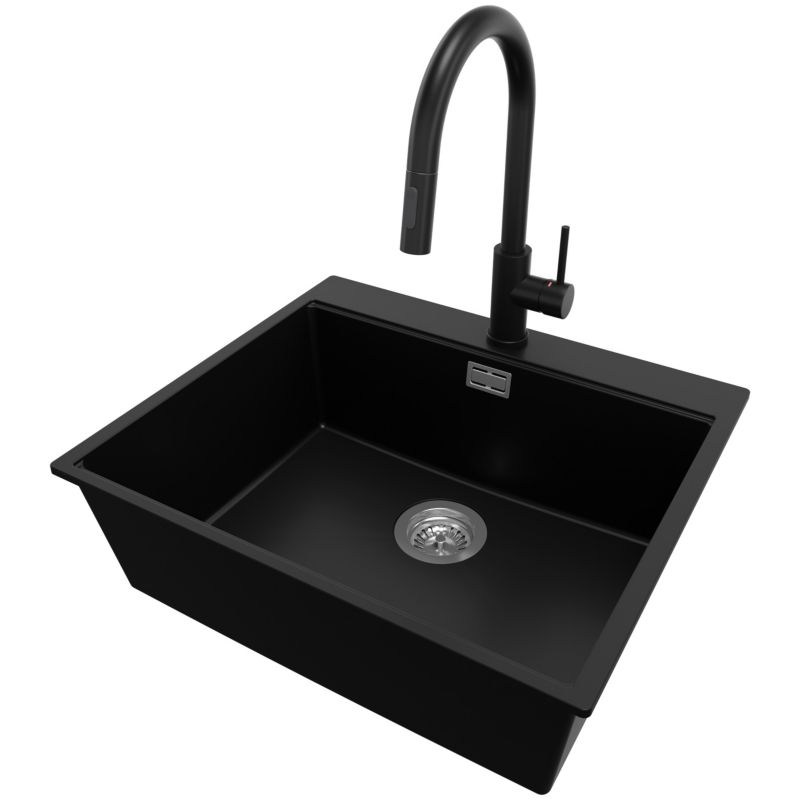 Zlewozmywak Granitowy Oslo PRIMAGRAN Nablatowy 58x50cm do szafki od 60cm z Syfonem i Baterią Czarny 1 szt.