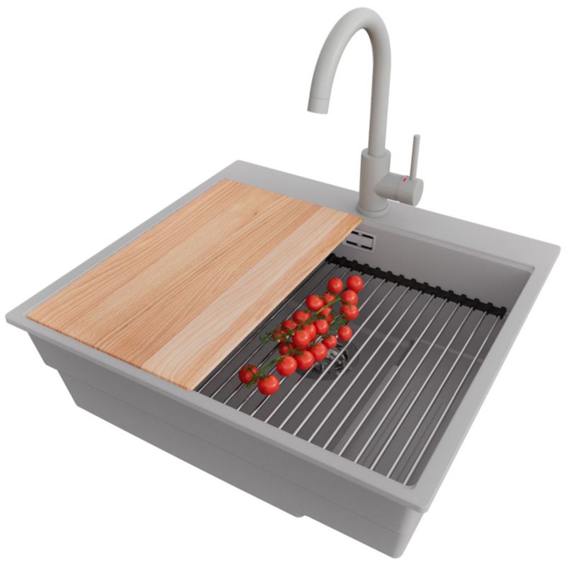 Zlewozmywak Granitowy Oslo Max PRIMAGRAN Nablatowy 58x53cm do szafki od 60cm, Szary + Bateria + Syfon + Akcesoria, S043, 1 szt.