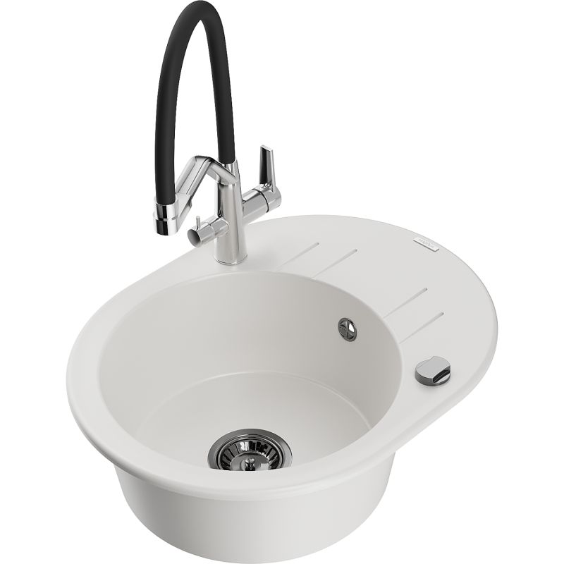 Zlewozmywak granitowy 1-komorowy Mexen Kevin z baterią kuchenną Duo biały 6517-20-671701-07-B