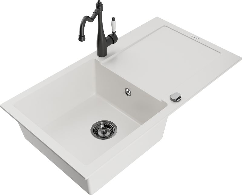 Zlewozmywak granitowy Mexen Leo 1-komorowy z ociekaczem i baterią kuchenną Carla biały - 6501-20-670700-50 1 szt.