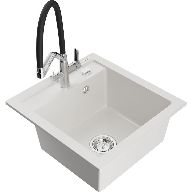 Zlewozmywak granitowy 1-komorowy Mexen Vito z baterią kuchenną Duo biały 6503-20-671701-07