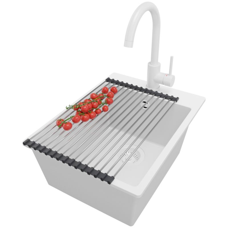 Zlewozmywak Granitowy Ryga PRIMAGRAN Nablatowy 38x50cm do szafki od 40cm z Syfonem i Baterią i Dodatkiem Cały Biały 1 szt.