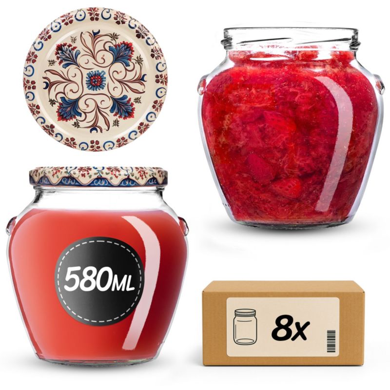 Słoiki na przetwory 580ml + wieczka "Niebiesko-czerwone kwiaty" 82mm 8szt.