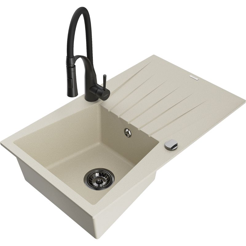 Zlewozmywak granitowy 1-komorowy Mexen Cesar z ociekaczem i baterią kuchenną Aster biały - 6514-20-73450-70-B 1 szt.