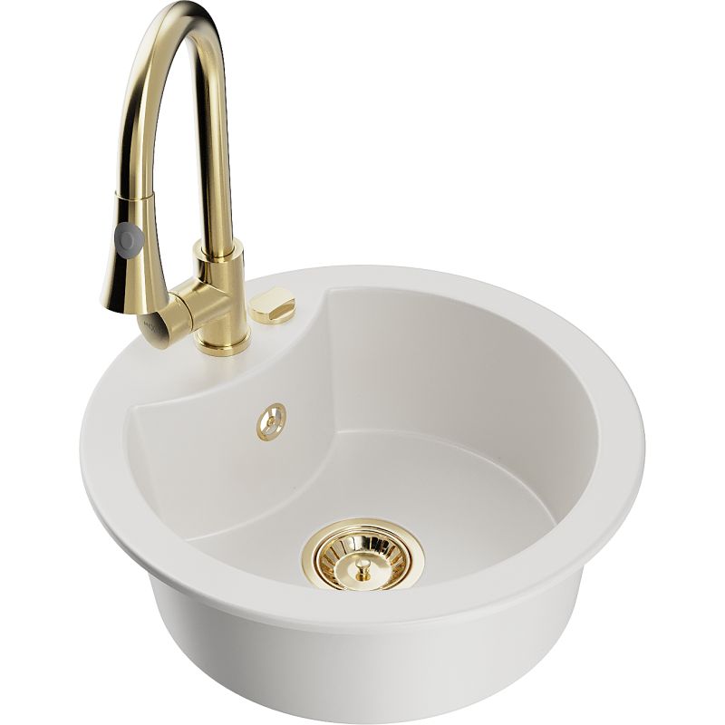 Zlewozmywak granitowy 1-komorowy Mexen Diego z baterią kuchenną Elia biały 6512-20-670101-50