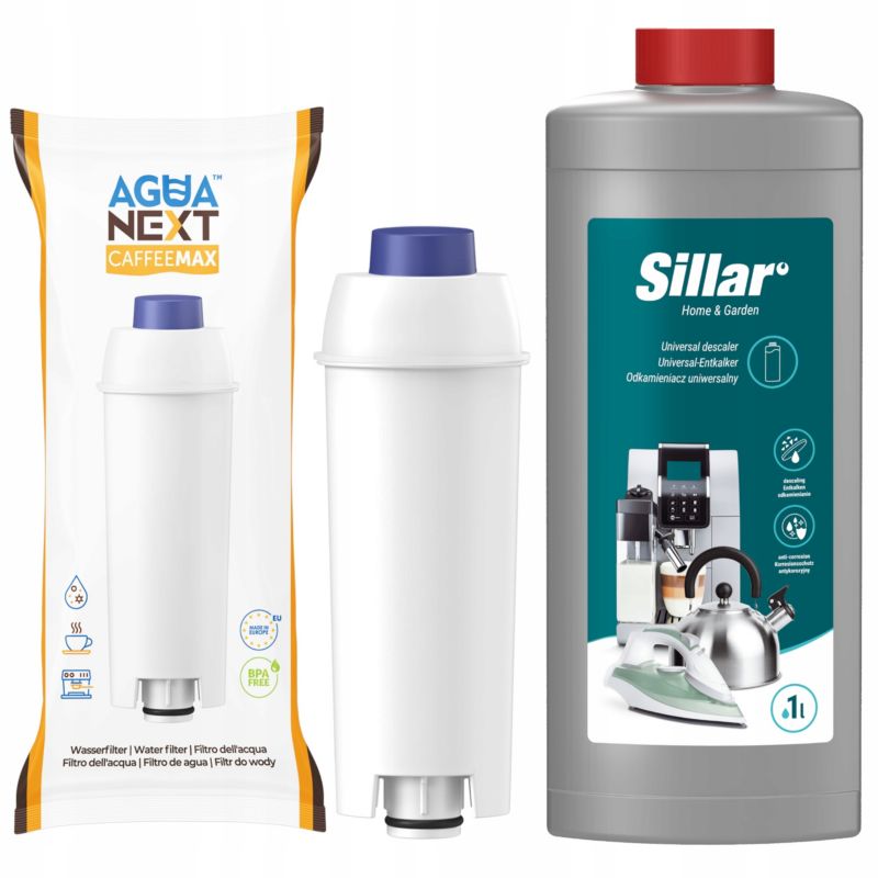 Odkamieniacz, Sillar, do ekspresów, AGD, 1l + filtr wody, zamiennik do ekspresu Delonghi, AquaNext, 2szt
