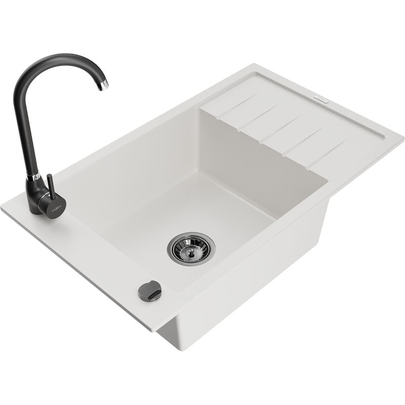 Zlewozmywak granitowy 1-komorowy Mexen Elias z ociekaczem i baterią kuchenną Telma biały 6511-20-670200-70