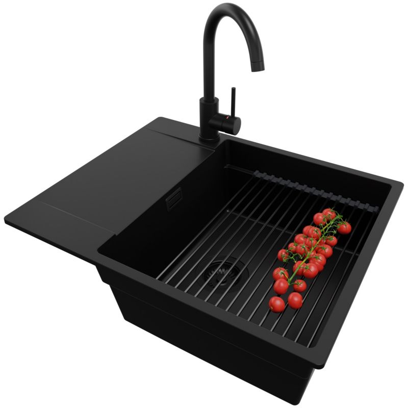 Zlewozmywak Granitowy San Francisco PRIMAGRAN Nablatowy 62x50cm, Cały Czarny + Bateria + Syfon + Akcesorium, S132, 1 szt.