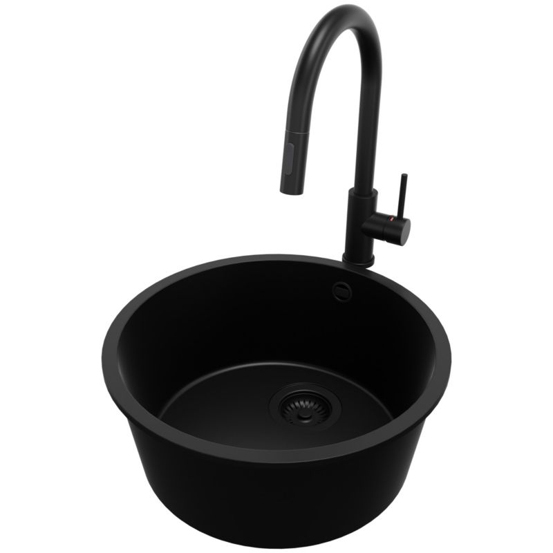 Zlewozmywak podblatowy Valetta PRIMAGRAN 46x46cm do szafki od 50cm, Cały Czarny + Bateria 40x20cm + Syfon, S020, 1 szt.