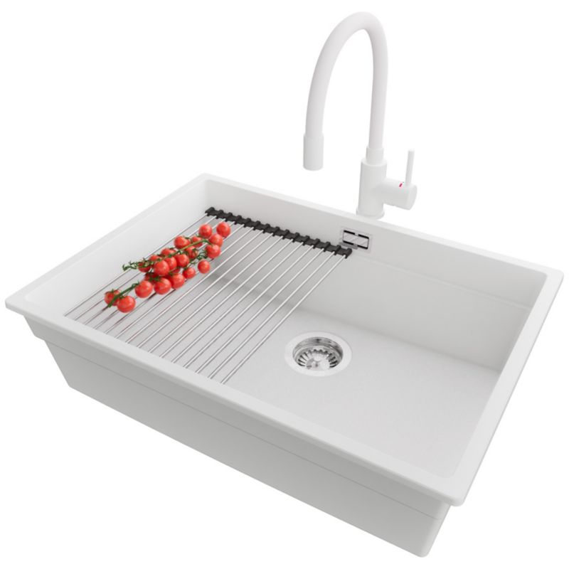 Zlewozmywak podblatowy Praga PRIMAGRAN 66x47cm do szafki od 70cm, Biały + Bateria + Syfon + Zwijany ociekacz, S454, 1 szt.