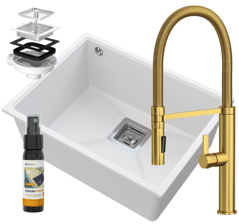 Zlew Podwieszany Granitowy Granitan Zestaw Zlewozmywak Napo 55 Biały Bateria Full Złota 1 kpl.