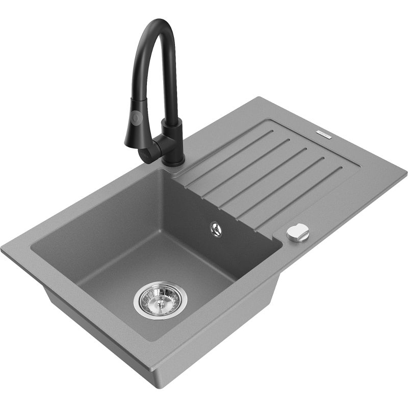 Zlewozmywak granitowy 1-komorowy Mexen Pablo z ociekaczem i baterią kuchenną Elia szary 6510-71-670101-70