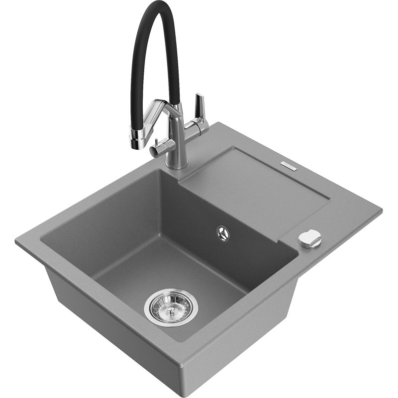 Zlewozmywak granitowy 1-komorowy Mexen Enzo z ociekaczem i baterią kuchenną Duo szary 6506-71-671701-07