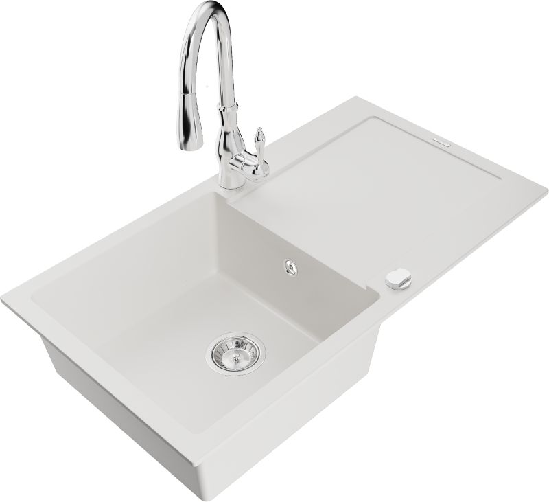Zlewozmywak granitowy Mexen Leo 1-komorowy z ociekaczem i baterią kuchenną Savita biały - 6501-20-672601-50 1 szt.