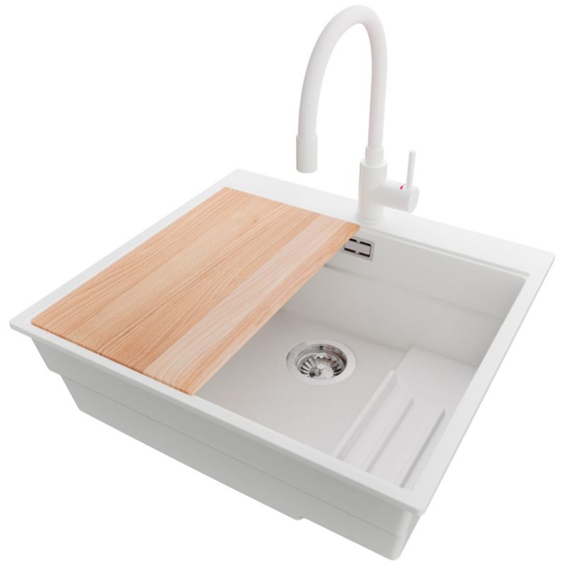 Zlewozmywak Granitowy Oslo Max PRIMAGRAN Nablatowy 58x53cm do szafki od 60cm, Biały + Bateria + Syfon + Akcesoria, S050, 1 szt.