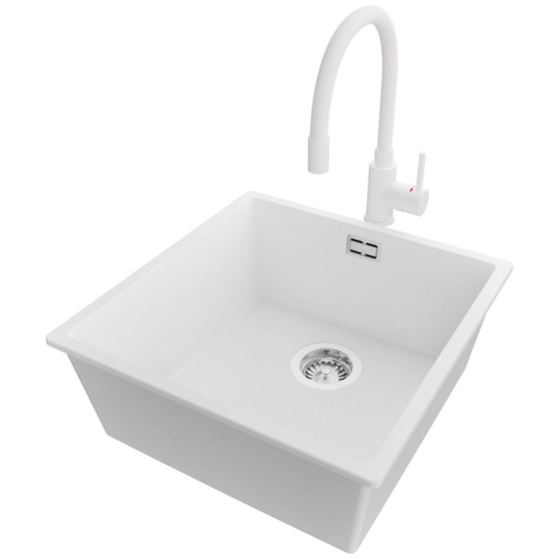 Zlewozmywak podblatowy Londyn PRIMAGRAN 46x47cm do szafki od 50cm, Biały + Bateria 38x14cm + Syfon, S235, 1 szt.