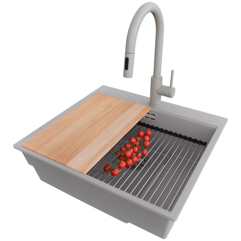 Zlewozmywak Granitowy Oslo Max PRIMAGRAN Nablatowy 58x53cm do szafki od 60cm, Szary + Bateria + Syfon + Akcesoria, S047, 1 szt.