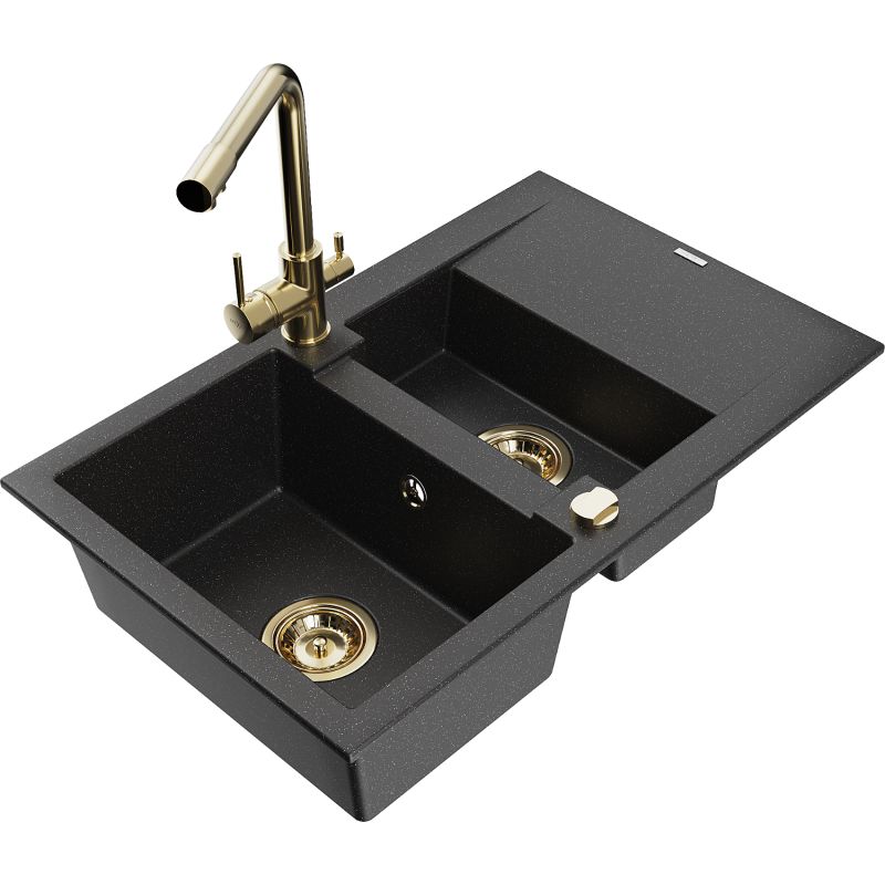 Zlewozmywak granitowy 1.5-komorowy Mexen Gaspar z ociekaczem i baterią kuchenną Duero czarny/srebrny 6507-73-671600-50