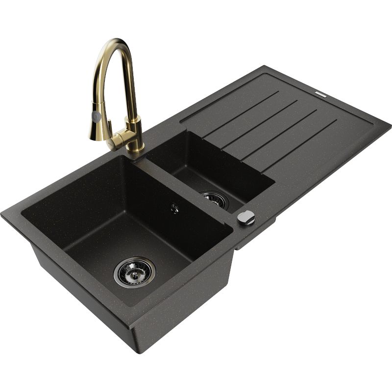 Zlewozmywak granitowy 1.5-komorowy Mexen Andres z ociekaczem i baterią kuchenną Elia czarny/złoty metalik 6515-75-670101-50-B
