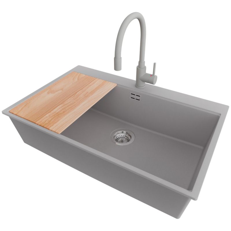 Zlewozmywak Granitowy Oslo PRIMAGRAN Nablatowy 78x50cm do szafki od 80cm, Szary + Bateria 38x14cm + Syfon + Deska, S625, 1 szt.