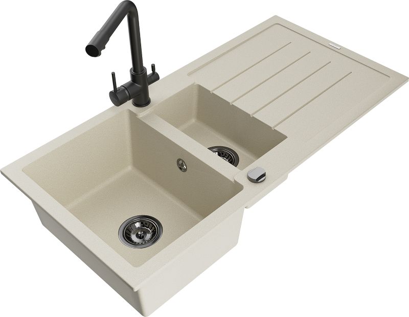 Zlewozmywak granitowy Mexen Andres 1,5-komorowy z ociekaczem i baterią kuchenną Duero biały - 6515-20-671600-70 1 szt.