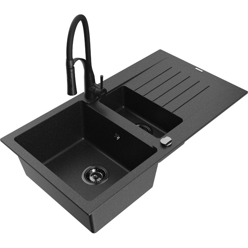 Zlewozmywak granitowy 1.5-komorowy Mexen Matias z ociekaczem i baterią Aster czarny/srebrny metalik - 6502-73-73450-07 1 szt.