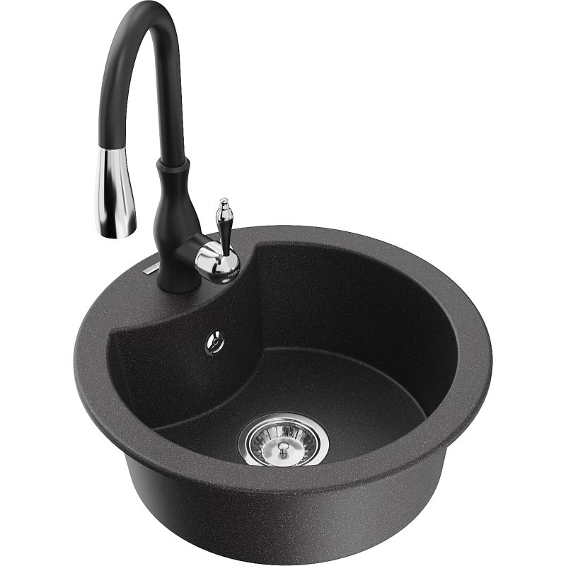 Zlewozmywak granitowy 1-komorowy Mexen Diego z baterią kuchenną Savita czarny nakrapiany - 6512-76-672601-50 1 szt.