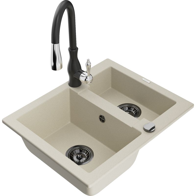 Zlewozmywak granitowy 1.5-komorowy Mexen Carlos z baterią kuchenną Savita biały - 6518-20-672601-00 1 szt.