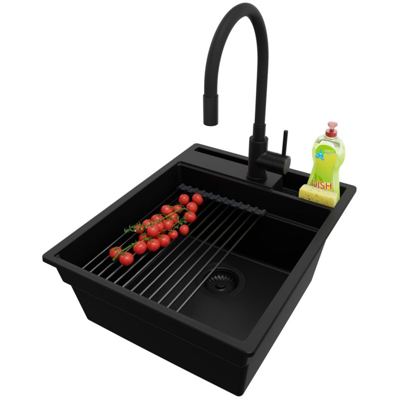 Zlewozmywak Granitowy Oslo Pocket PRIMAGRAN Nablatowy 43x53cm do szafki od 45cm z Syfonem i Baterią i Dodatkiem Cały Czarny 1 szt.