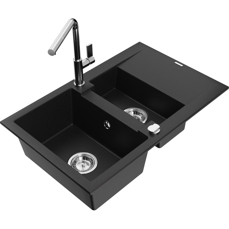 Zlewozmywak granitowy 1.5-komorowy Mexen Gaspar z ociekaczem i baterią kuchenną Flora czarny 6507-77-670401-00