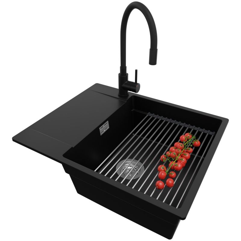 Zlewozmywak Granitowy San Francisco PRIMAGRAN Nablatowy 62x50cm, Czarny + Bateria + Syfon + Akcesorium, S127, 1 szt.