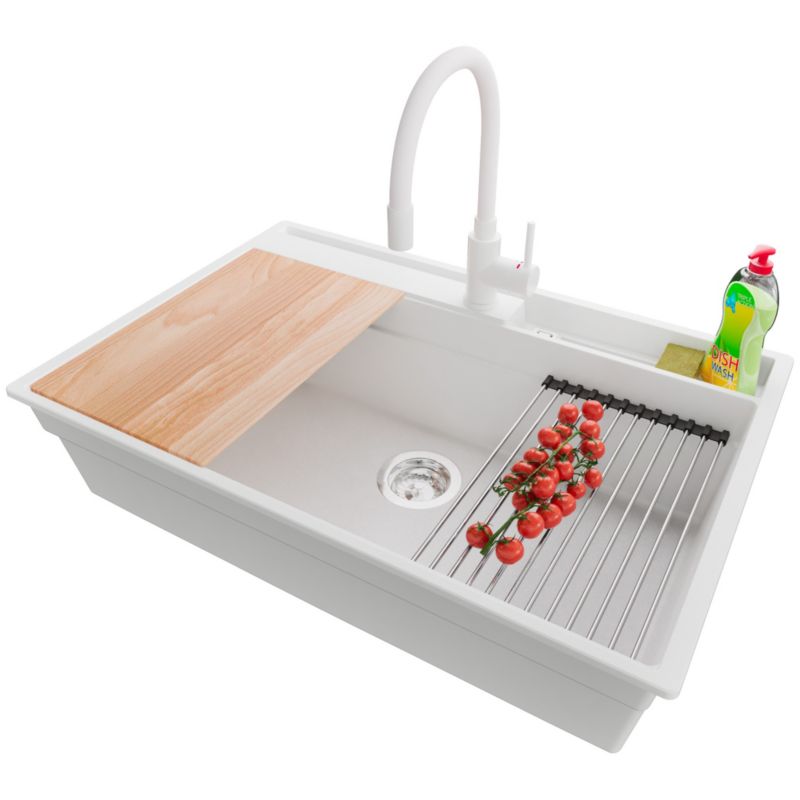 Zlewozmywak Granitowy Oslo Pocket PRIMAGRAN Nablatowy 78x53cm, Biały + Bateria + Syfon + Akcesorium, S350, 1 szt.