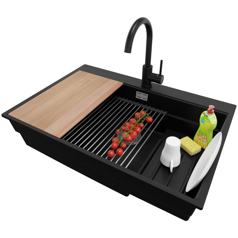 Zlewozmywak Granitowy Oslo Max PRIMAGRAN Nablatowy 78x53cm do szafki od 80cm, Czarny + Bateria + Syfon + Akcesoria, S101, 1 szt.