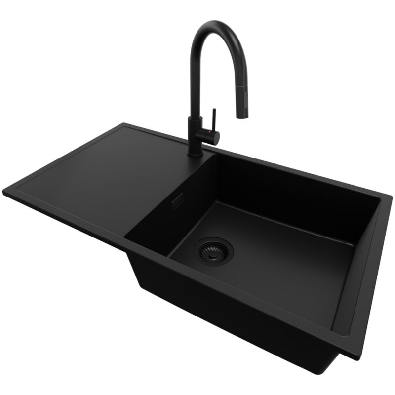 Zlewozmywak Granitowy Ibiza PRIMAGRAN Nablatowy 90x50cm do szafki od 60cm, Cały Czarny + Bateria 40x20cm + Syfon, S060, 1 szt.