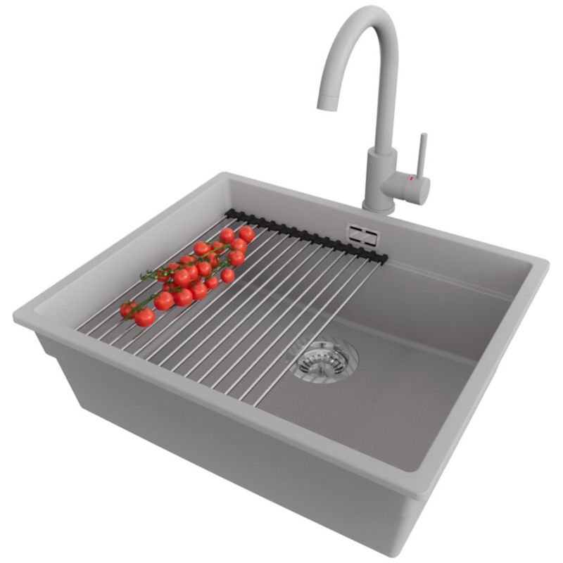 Zlewozmywak Granitowy Praga Slim PRIMAGRAN Nablatowy 56x47cm, Szary + Bateria + Syfon + Akcesorium, S287, 1 szt.