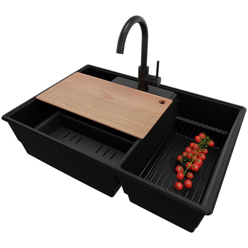 Zlewozmywak Granitowy Paryż PRIMAGRAN Nablatowy 78x53cm, Cały Czarny + Bateria + Syfon + Akcesorium, S054, 1 szt.