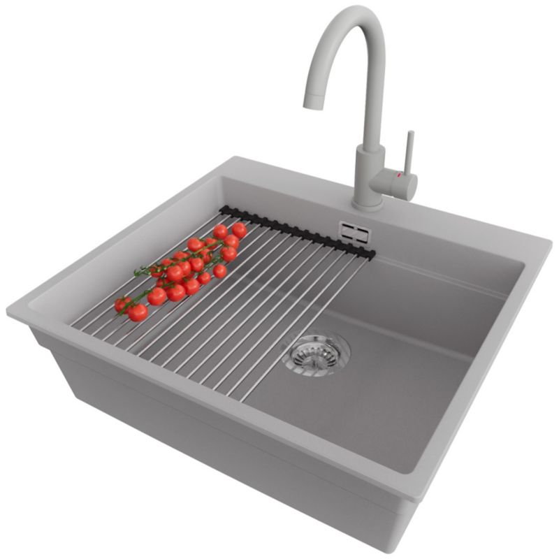 Zlewozmywak Granitowy Oslo Max PRIMAGRAN Nablatowy 58x53cm do szafki od 60cm, Szary + Bateria + Syfon + Akcesorium, S163, 1 szt.