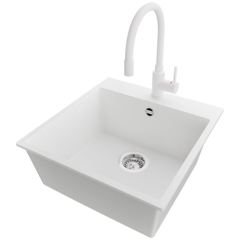 Zlewozmywak Granitowy Ryga PRIMAGRAN Nablatowy 48x50cm do szafki od 50cm, Biały + Bateria 38x14cm + Syfon, S243, 1 szt.