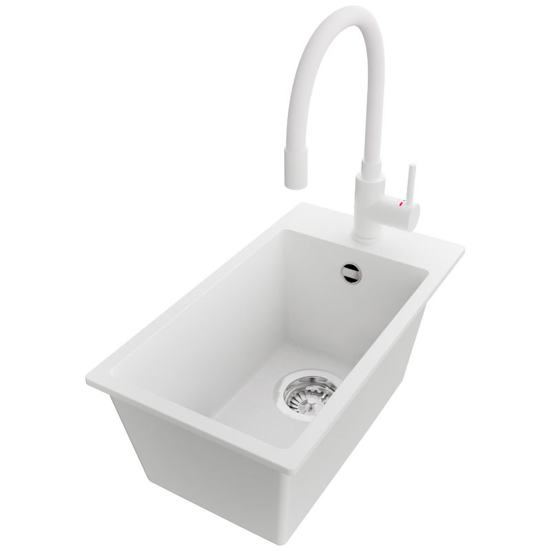 Zlewozmywak Granitowy Ryga PRIMAGRAN Nablatowy 28x50cm do szafki od 30cm, Biały + Bateria 38x14cm + Syfon, S029, 1 szt.