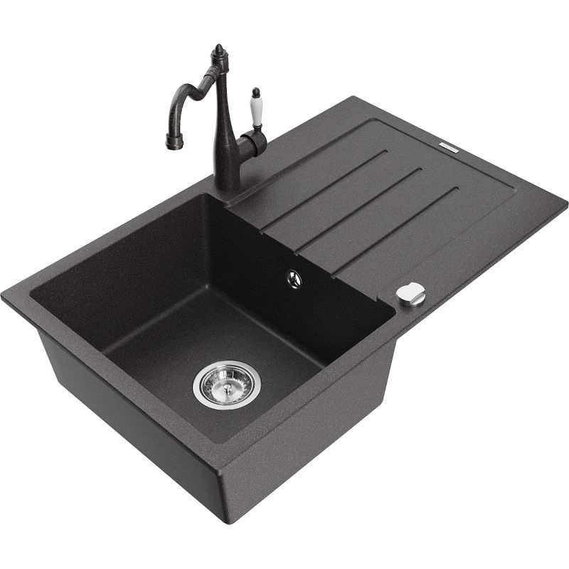 Zlewozmywak granitowy 1-komorowy Mexen Bruno z ociekaczem i baterią Carla czarny/złoty metalik - 6513-75-670700-70 1 szt.