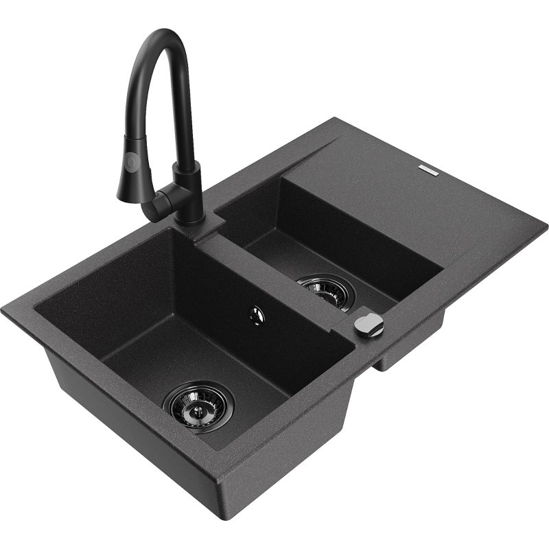 Zlewozmywak granitowy 1.5-komorowy Mexen Gaspar z ociekaczem i baterią kuchenną Elia czarny nakrapiany - 6507-76-670101-50 1 szt.